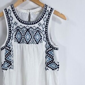 Lucky Brand White Embroidered Sleeveless Tunic Top Mini Dress Sz S Boho Festival